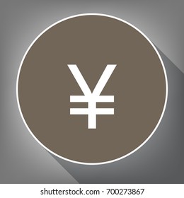 Yen sign. Vector. White icon on brown circle with white contour and long shadow at gray background. Like top view on postament.
