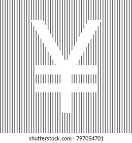 Yen sign. Vector. White icon on grayish striped background. Optical illusion.