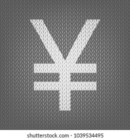 Yen sign. Vector. White knitted icon on gray knitted background. Isolated.
