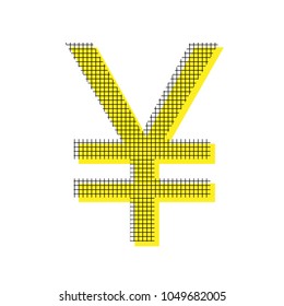 Yen sign. Vector. Yellow icon with square pattern duplicate at white background. Isolated.