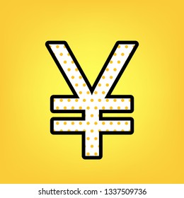 Yen sign. Vector. Yellow polka dot white icon with black contour at warm yellow background.