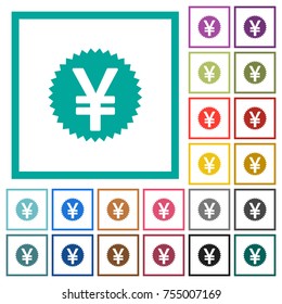 Yen sticker flat color icons with quadrant frames on white background