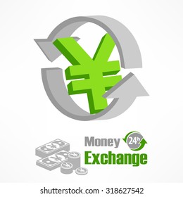 Yen symbol with arrow in green, vector illustration