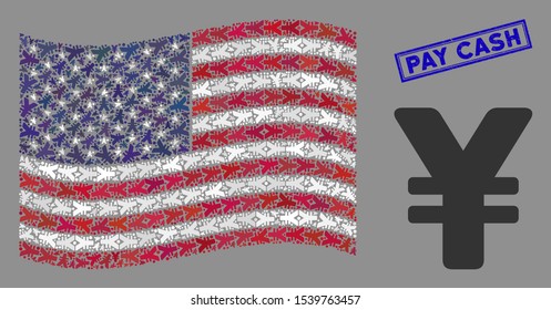 Yen symbols are combined into American flag collage with blue rectangle corroded stamp seal of Pay Cash phrase. Vector collage of American waving state flag is designed of yen items.
