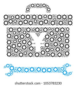 Yen Toolbox collage of gearwheels. Vector cog wheel parts are united into yen toolbox collage.