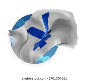 Yen, vector 3d flag against a blue sky, through a round hole on a white background