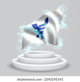 Yen, vector 3d flag on the podium surrounded by a whirlwind of magical radiance