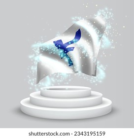 Yen, vector 3d flag on the podium surrounded by a whirlwind of magical radiance