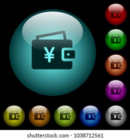 Yen wallet icons in color illuminated spherical glass buttons on black background. Can be used to black or dark templates