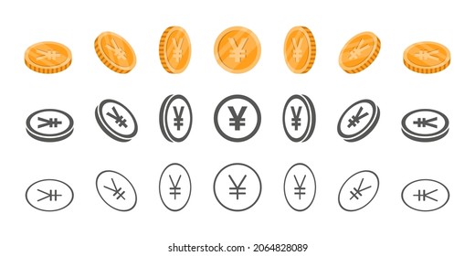 Yen or Yuan coins. Rotation of icons at different angles for animation. Coins in isometric. Vector illustration