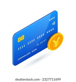 Yen, Yuan Credit Card 3D icon. Vector Isometric credit card with Japanese currency, Chinese Yuan coin. Online banking currency symbol. Online currency transactions concept. For web, app, advert, game.