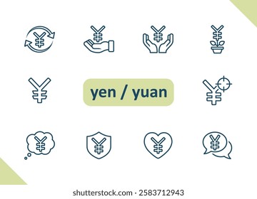 Yen, Yuan icons. Currency, Chinese, Japanese, money, payment, savings, investment vector icon set