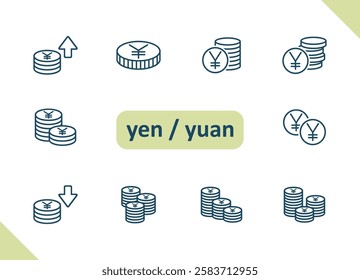 Yen, Yuan icons. Currency, Chinese, Japanese, money, cash, payment, savings, investment vector icon set