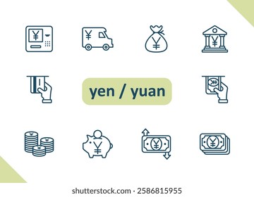 Yen, Yuan icons. Currency, Chinese, Japanese, money, cash, payment, savings, investment, wealth vector icon set