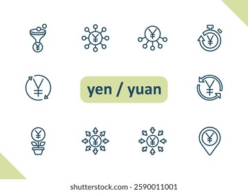 Yen, Yuan icons. Currency, Chinese, Japanese, money, cash, payment, savings, investment, wealth vector icon set