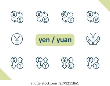 Yen, Yuan icons. Currency, Chinese, Japanese, money, cash, exchange rate, conversion, payment, savings, investment vector icon set
