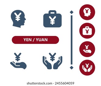 Yen, Yuan icons. Head, thinking, wealth, briefcase, suitcase, hands, Yen, Yuan symbol icon. Professional, 32x32 pixel perfect vector icon.