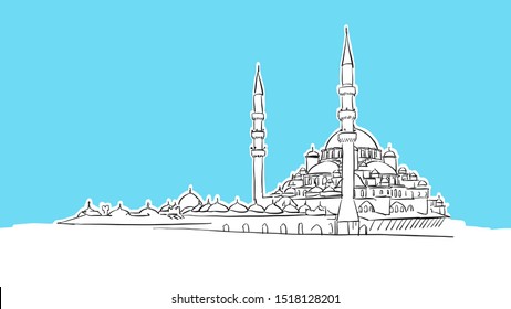 Yeni Cami, Istanbul  Lineart Vector Sketch. and Drawn Illustration on blue background.