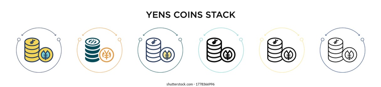 Yens coins stack icon in filled, thin line, outline and stroke style. Vector illustration of two colored and black yens coins stack vector icons designs can be used for mobile, ui, web