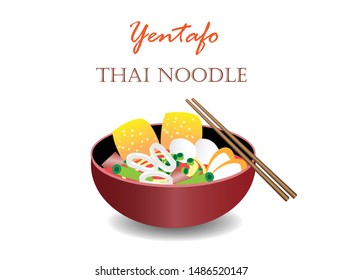 "Yentafo"  a bowl of Thai seafood noodles with squid rings,fish balls, crispy wonton and chives in pink soup. Chopsticks on bowl.  Isolated in white background. Side view. Vector Illustration.