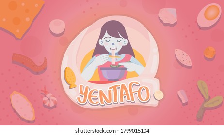 Yentafo is a noodle soup with a pink color.