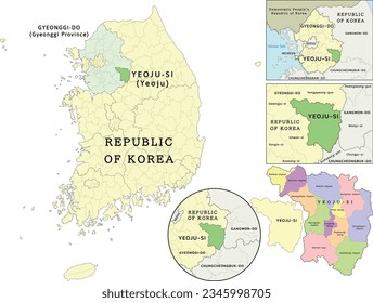 Yeoju-si (Yeoju) location on Gyeonggi-do (Gyeonggi Province) and Republic of Korea (South Korea) map. Clored. Vectored