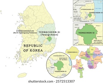 Yeongcheon-si (Yeongcheon) location on Gyeongsangbuk-do (North Gyeongsang Province) and Republic of Korea (South Korea) map. Colored. Vectored