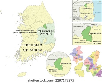 Ubicación de Yeongju-si (Yeongju) en Gyeongsangbuk-do (Provincia de Gyeongsang del Norte) y mapa de la República de Corea (Corea del Sur). Clorizado. Vectado