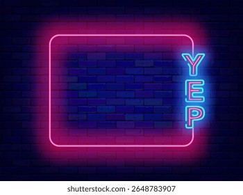 Sim, banner neon. Folheto do contrato. Consentimento nas mídias sociais. Quadro rosa vazio e texto sim. Ilustração de estoque vetorial