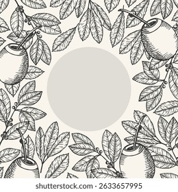 Cartão Yerba Maté para texto. Borda gravada desenhada à mão com ramo de chá, folhas, abóbora cabaça, frutas. Ilustração botânica vetorial para logotipo, etiqueta, modelo de impressão. Alimentos, bebidas, plantas medicinais