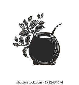 Yerba mate with calabash bowl. Black symbol. Vector shape of nature branch, leaves, texture cup. Art illustration isolated on white background. Healthy traditional tea drink