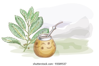 Yerba Mate and Calabash. Watercolor style.  Vector illustration.