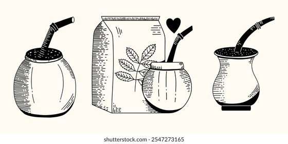 Ilustração vetorial de ervas de Yerba mate. Esboço paraguaio de desenho à mão de chá. Calabash com coleção de bombilla. 