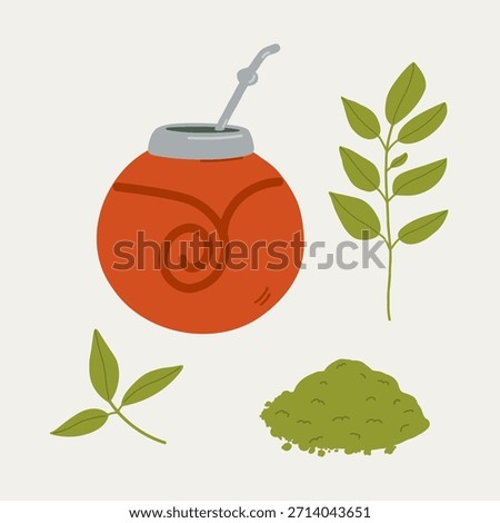 Yerba Mate and Pumpkin Calabash on isolated background. Hand drawn of mate branch with tea leaves. Vessel with hot drink. For logo, label, card. Food and drink, medicinal plant. Vector illustration