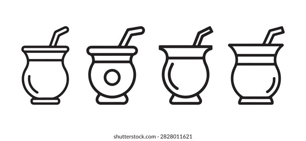 Yerba Mate Tea Cup Icon Set with Bombilla Straw. Traditional Mate Drink, Herbal Beverage and South American Tea Outline Collection. Vector Illustration. EPS 10.