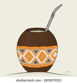 Yerba Mate Tea. Decorated Calabash for Argentine Tradition Beverage. Vector Illustration