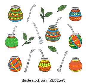 Yerba mate tea leaf, calabash gourd and bombilla colores, hand drawn
