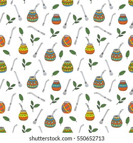 Yerba mate tea leaf, calabash gourd and bombilla colored, hand drawn seamless pattern
