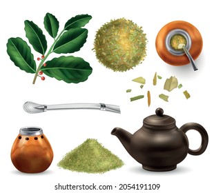 Yerba mate tea realistic set with drink equipment isolated vector illustration