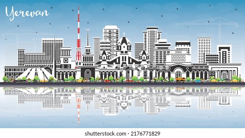 Yerevan Armenia City Skyline with Color Buildings, Blue Sky and Reflections. Vector Illustration. Yerevan Cityscape with Landmarks. Business Travel and Tourism Concept with Historic Architecture.