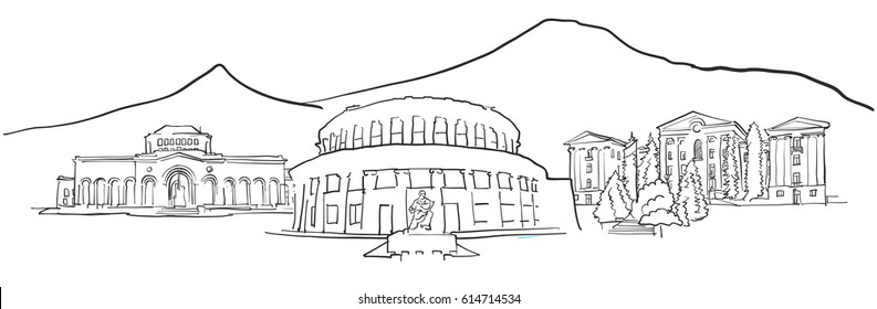 Yerevan Armenia Panorama Sketch, Monochrome Urban Cityscape Vector Artprint