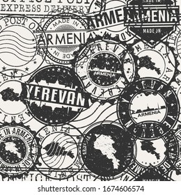 Yerevan, Armenia Stamps Background. A City Stamp Vector Art. Set of Postal Passport Travel. Design Set Pattern.