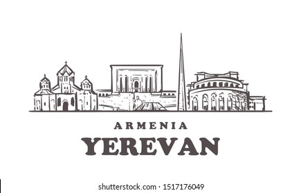 Yerevan sketch skyline. Yerevan, Armenia hand drawn vector illustration. Isolated on white background. 