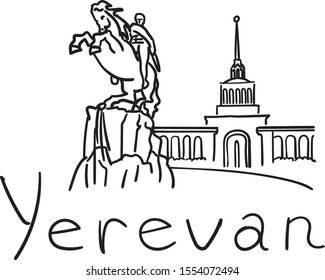 Yerevan and statue David of Sasun, Armenian hero, beautiful sketched icon famous hand-drawn landmark city name lettering vector illustration on white background. World famous cities logos collection