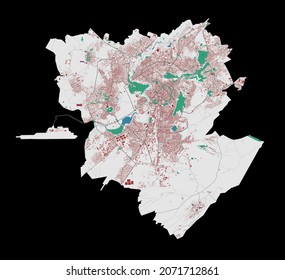 Yerevan vector map. Detailed map of Yerevan city administrative area. Cityscape panorama. Royalty free vector illustration. Outline map with buildings, water, forest. Tourist decorative street map.