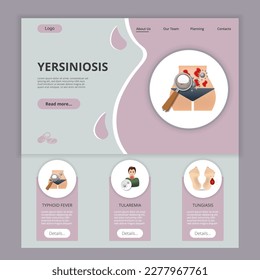 Yersiniosis flat landing page website template. Typhoid fever, tularemia, tungiasis. Web banner with header, content and footer. Vector illustration.