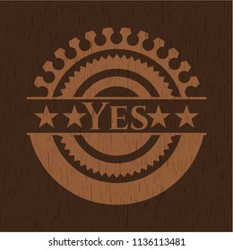 Yes badge with wood background
