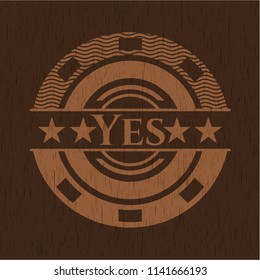 Yes badge with wood background