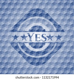 Yes blue badge with geometric pattern.