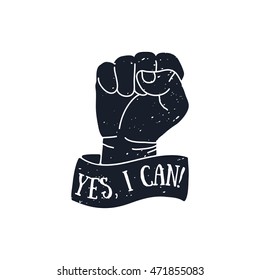 YES I CAN quote in hand drawn style, retro looking black and white poster Hand drawn typography poster, greeting card or print invitation design template